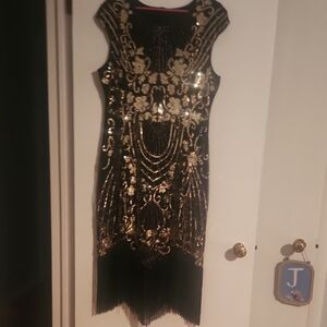 Black and Gold Sequin Asymmetrical Cocktail Dress